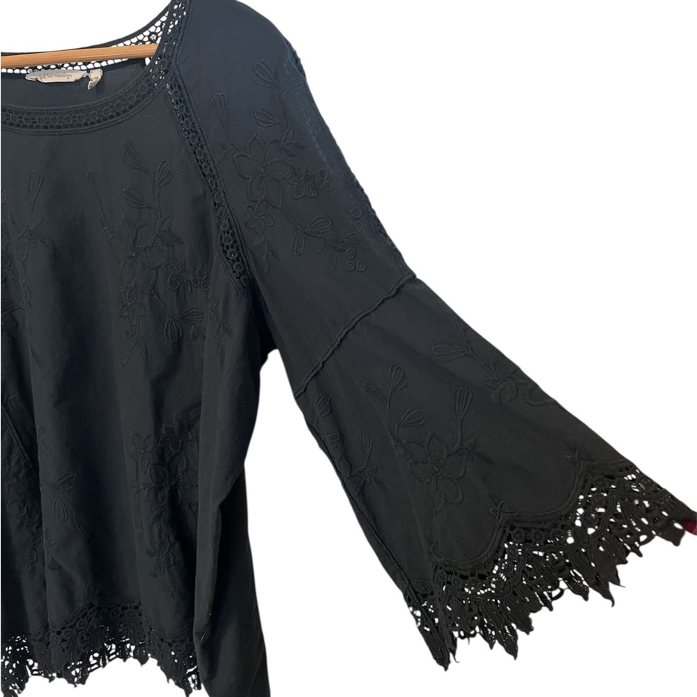 Soft Surroundings Black Embroidered and Crocheted Bell Sleeve Top - Picture 3 of 10